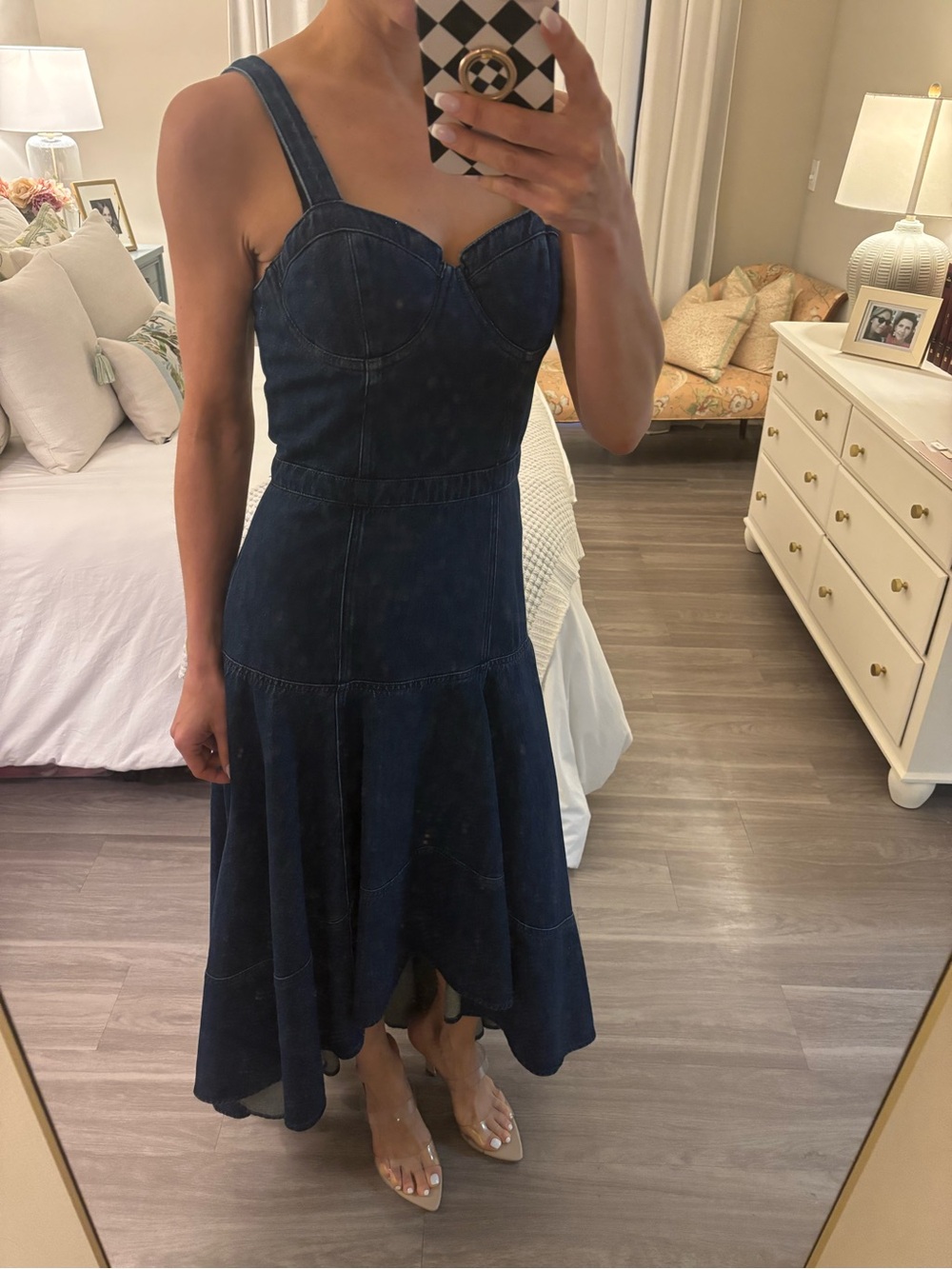 🏷️ Alice + Olivia Donella Denim Bustier High-Low Midi Dress